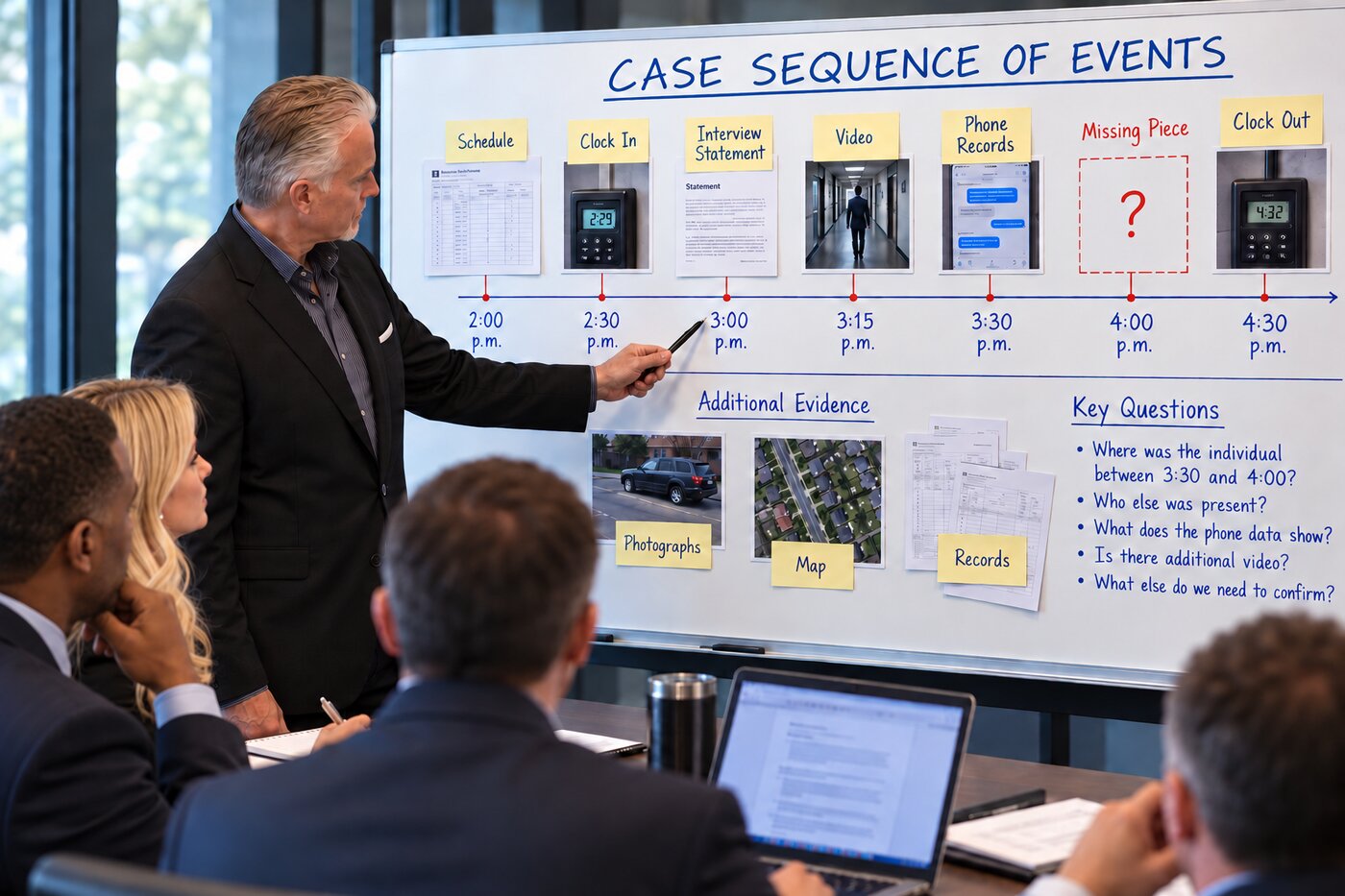 A case sequence of events mapped out on a whiteboard, with timestamps and a missing piece flagged for follow-up