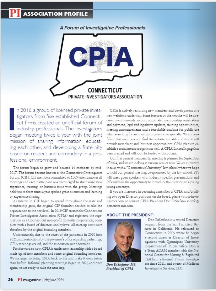 PI Magazine feature spread on Don DiStefano and the CPIA
